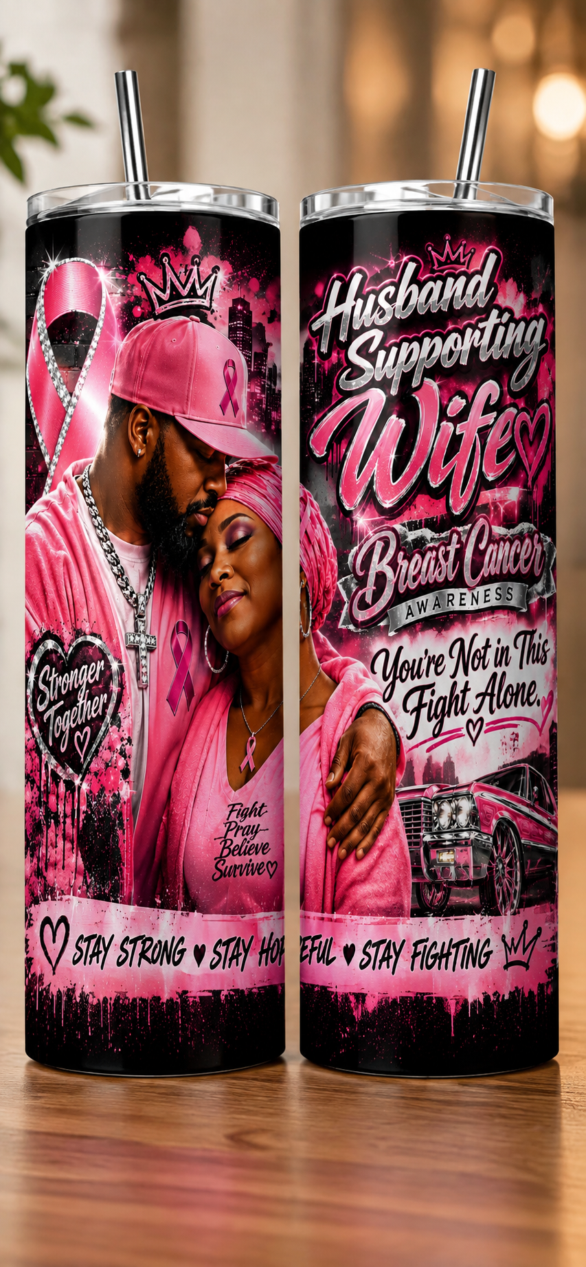 Husband Supporting Wife breast cancer awareness tumbler with diamond crown pink ribbon graffiti design and Fight Pray Believe Survive message