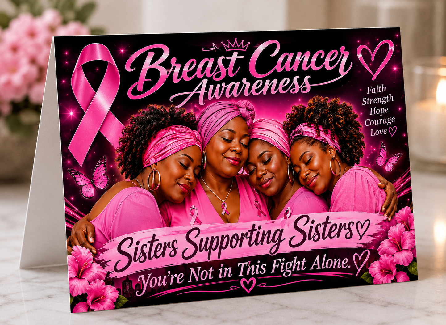 Sisters Supporting Sisters breast cancer awareness greeting card featuring Black women with pink ribbon crown hibiscus florals and butterflies