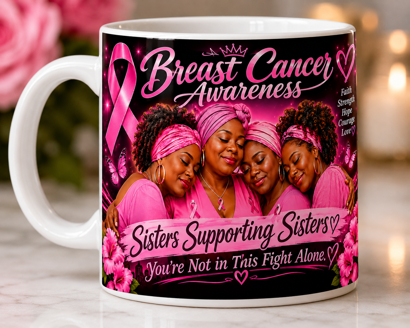 Breast Cancer Awareness Sisters Supporting Sisters mug with pink ribbon design and empowering message