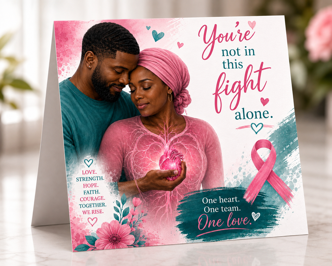 You're Not in This Fight Alone breast cancer awareness greeting card Black couple design with Love Strength Hope Faith We Rise message