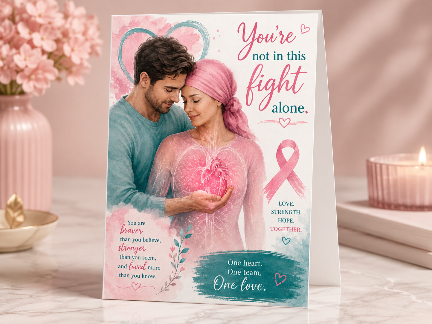 You're Not in This Fight Alone breast cancer awareness greeting card romantic couple watercolor design with One Heart One Love message