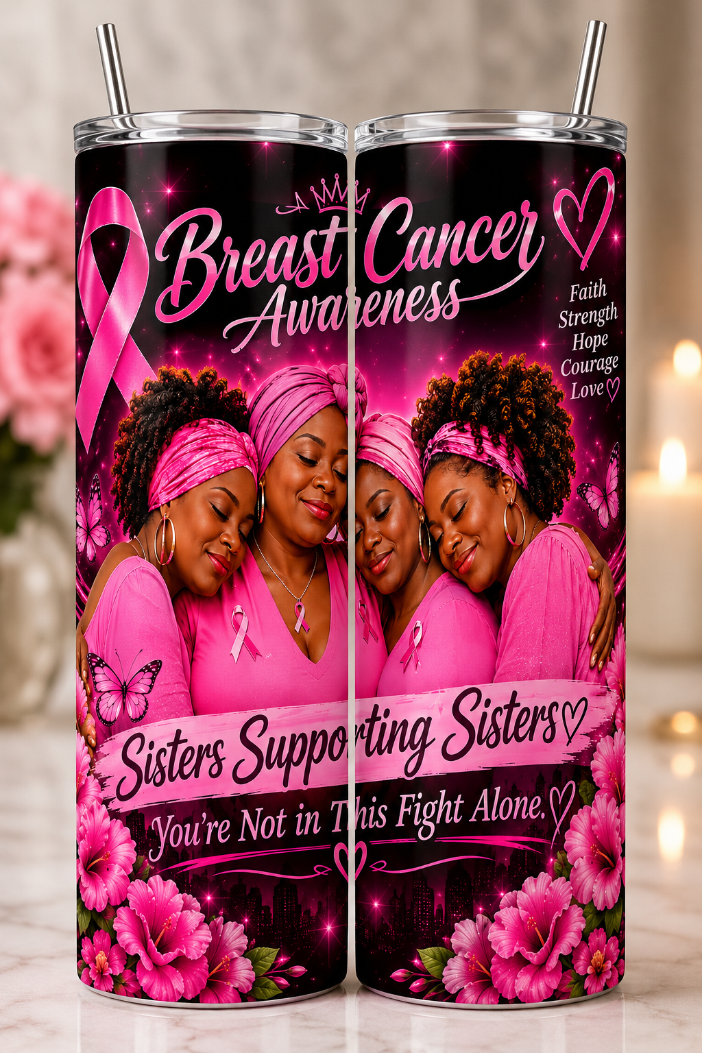 Sisters Supporting Sisters breast cancer awareness tumbler dark colorway with pink ribbon butterflies and floral design