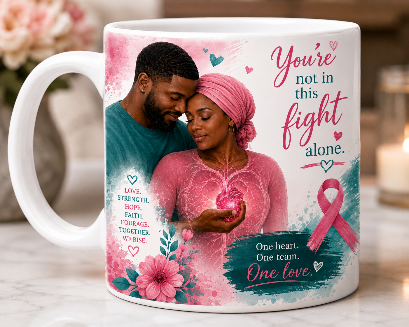You're Not in This Fight Alone Black couple breast cancer awareness mug with pink ribbon watercolor design and We Rise message