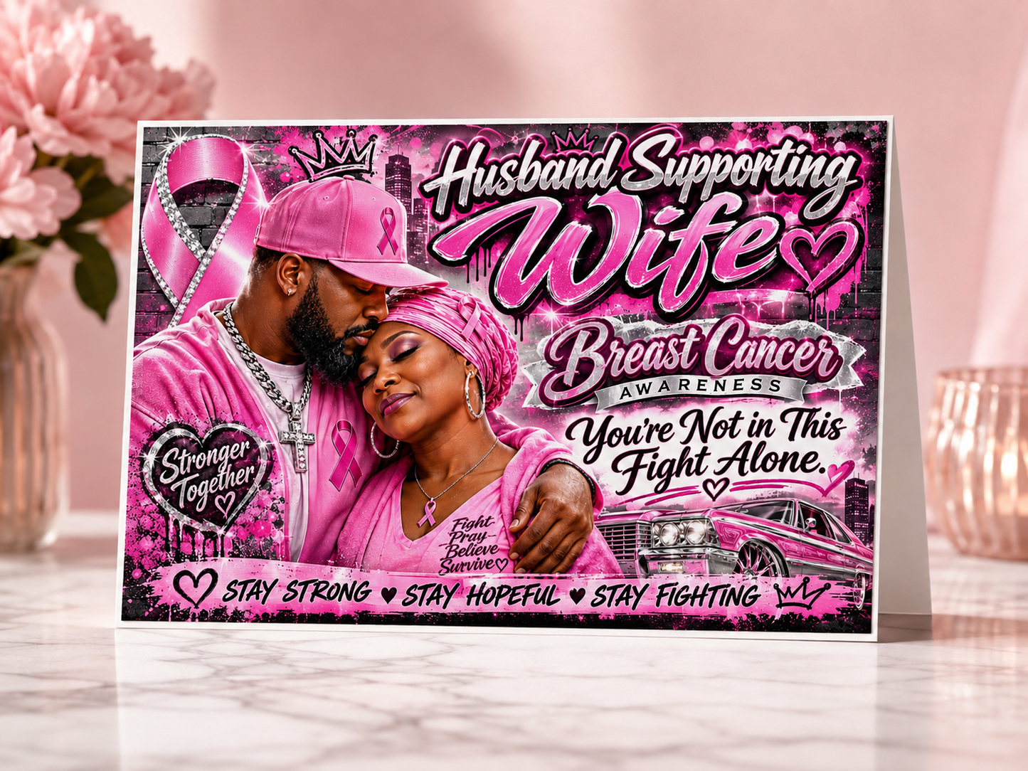 Husband Supporting Wife bold urban graffiti breast cancer awareness card with Stronger Together Fight Pray Believe Survive and Stay Strong Stay Fighting message