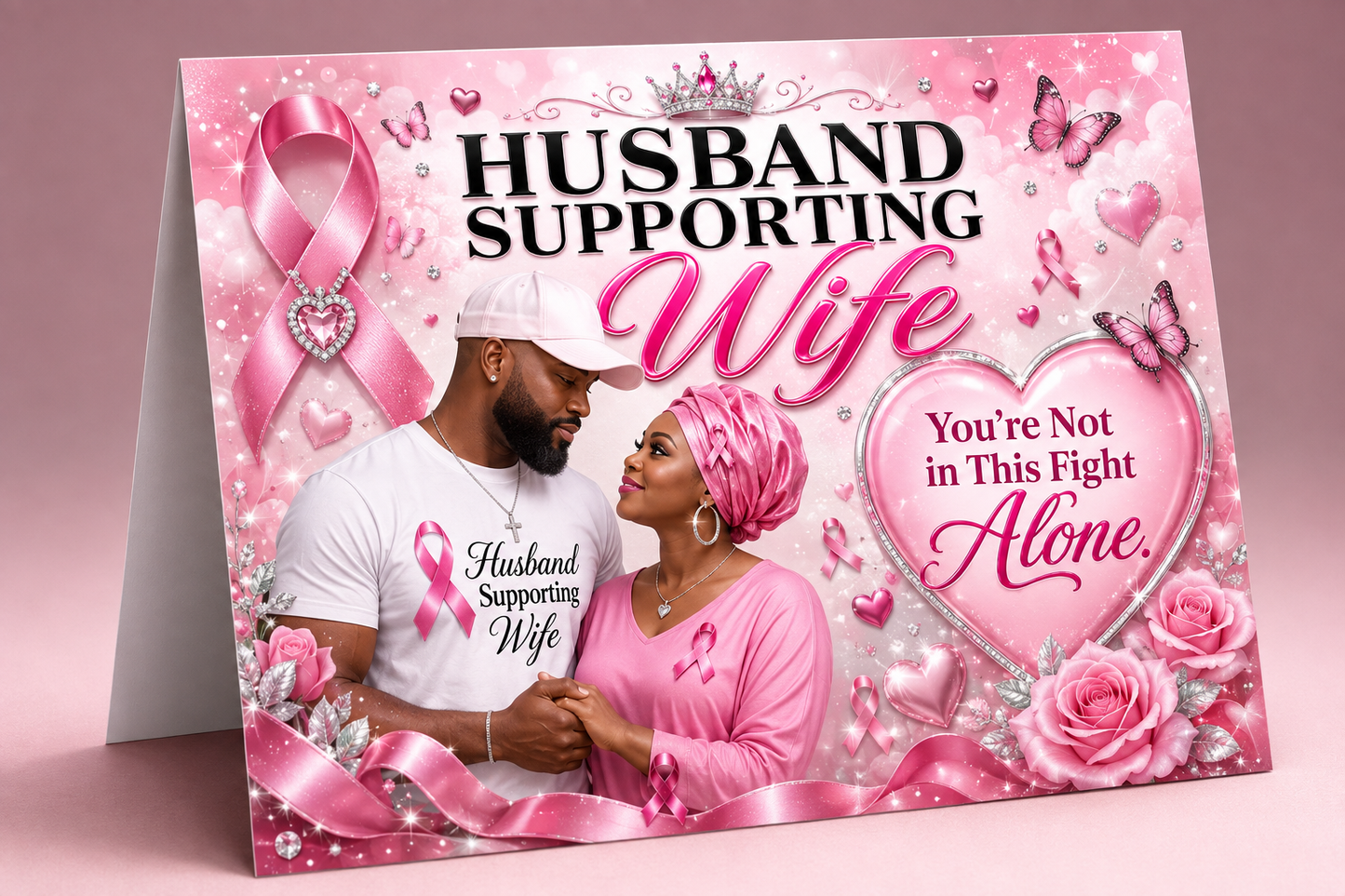 Husband Supporting Wife elegant pink breast cancer awareness card with diamond heart roses butterflies and You're Not in This Fight Alone message