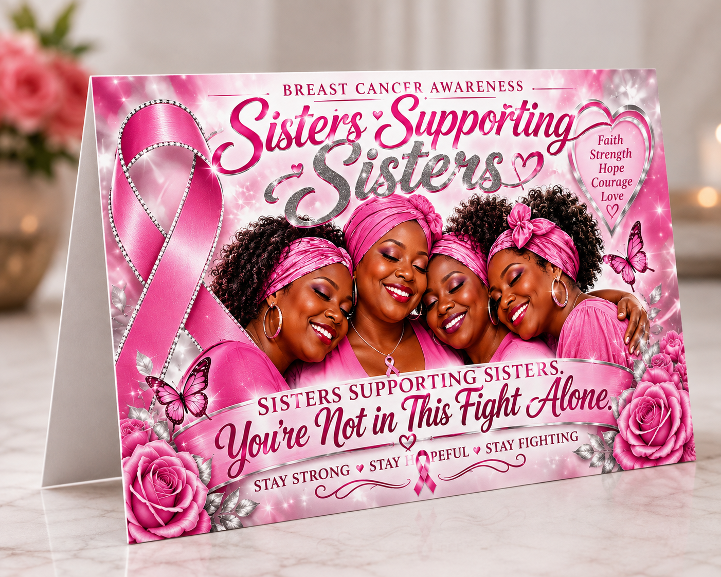 Sisters Supporting Sisters pink rose breast cancer awareness greeting card with diamond ribbon silver roses butterflies and Stay Strong Stay Fighting message