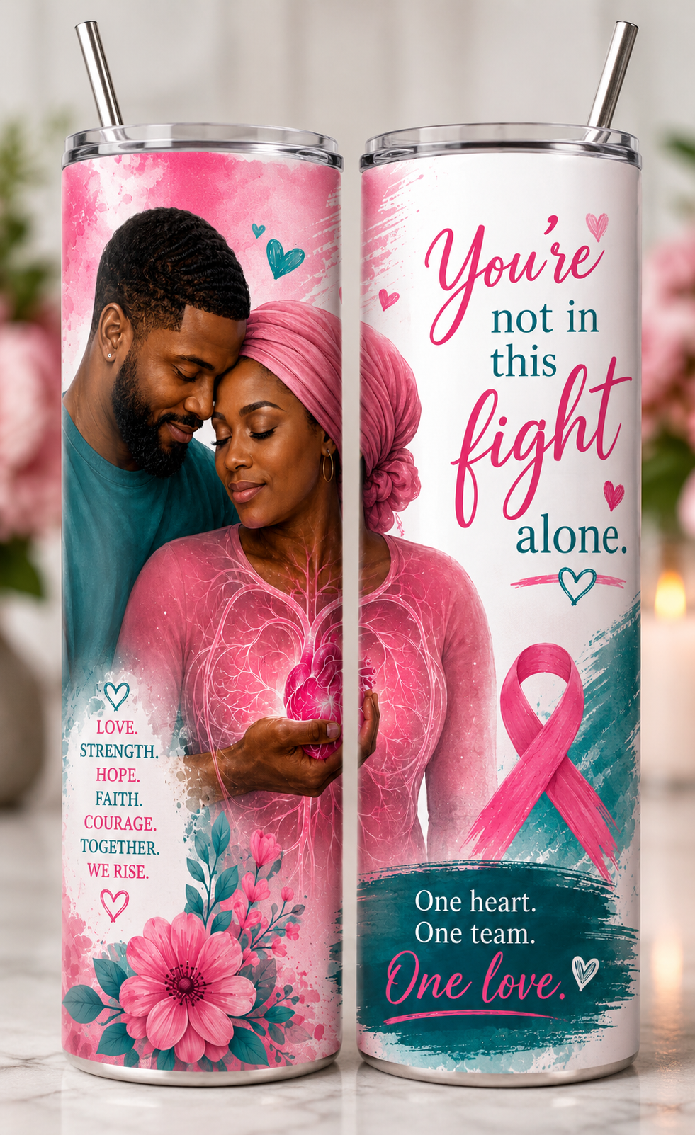 You're Not in This Fight Alone Black couple breast cancer awareness tumbler with pink ribbon watercolor and One Heart One Love message