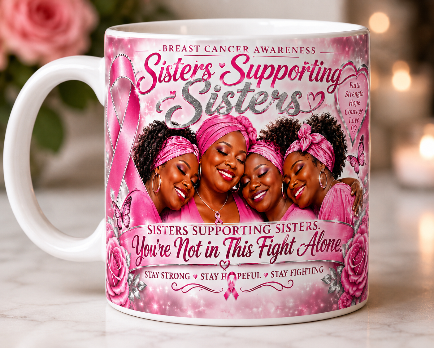 Sisters Supporting Sisters Breast Cancer Awareness Mug with pink ribbon design and empowering message