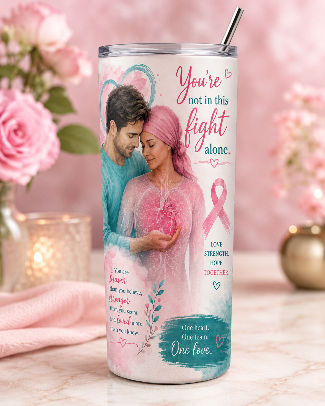 You're Not in This Fight Alone couple breast cancer awareness tumbler soft romantic colorway with You Are Braver Than You Believe message
