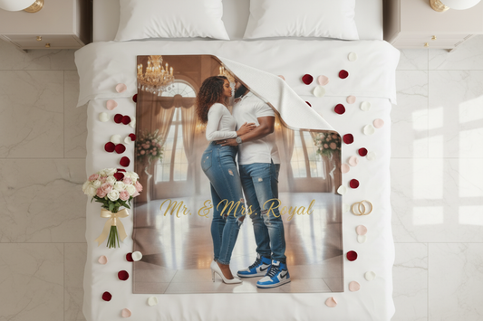 Mr. & Mrs. Royal Blanket - Flat Lay Bed Mockup