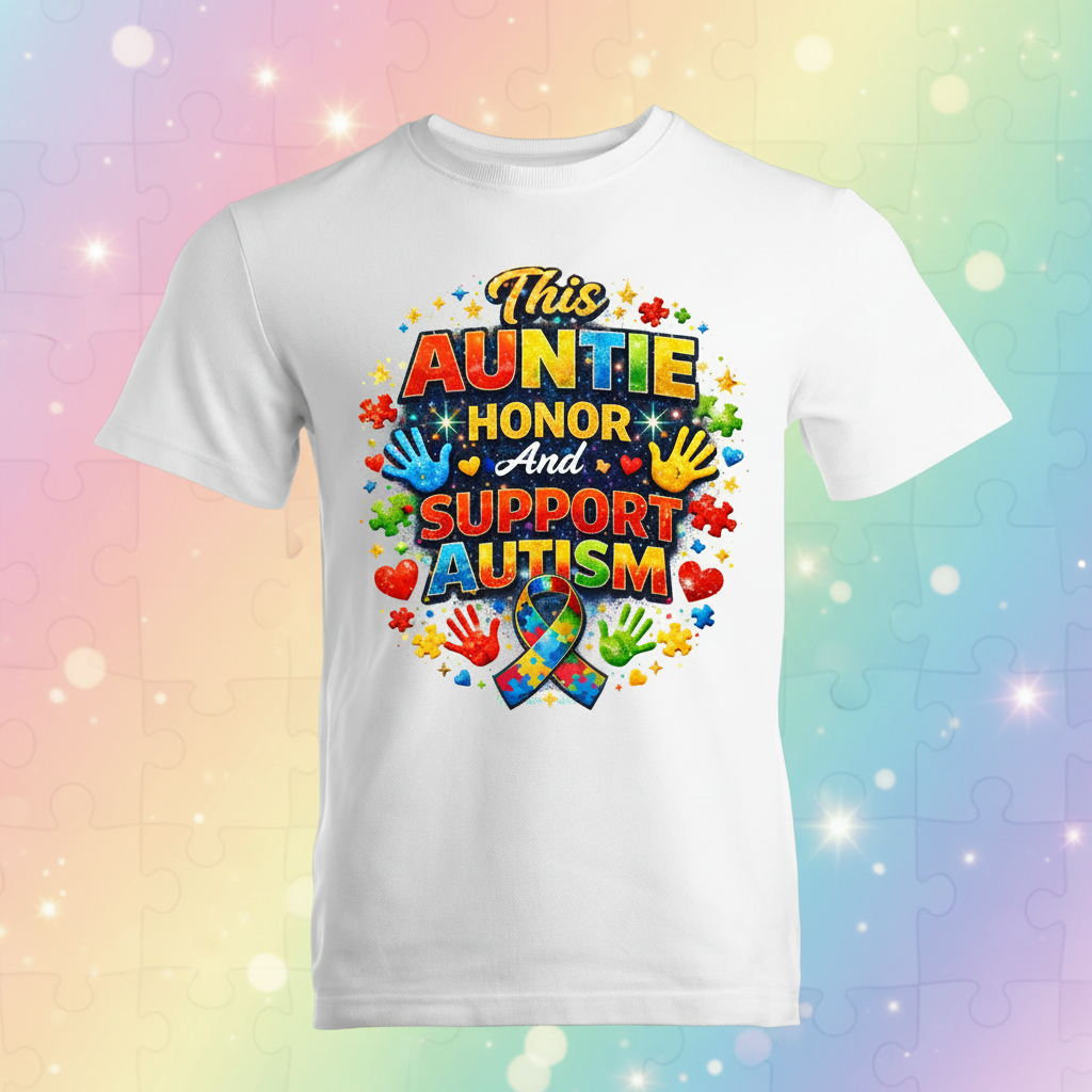 This Auntie Honors Autism Shirt - Pastel Rainbow Background