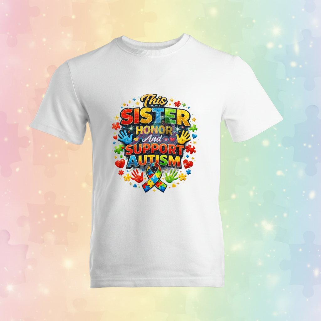 This Sister Honors Autism Shirt - Pastel Rainbow Background