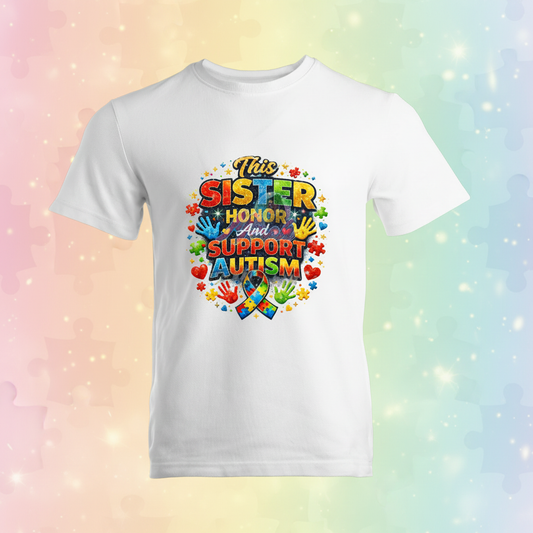 This Sister Honors Autism Shirt - Pastel Rainbow Background